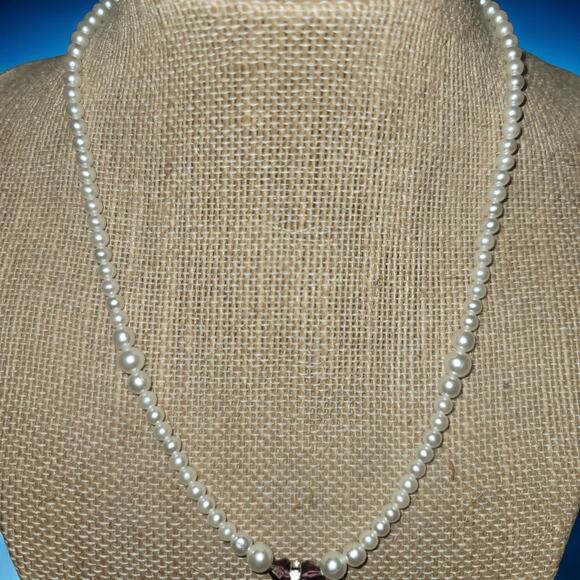 Dainty Faux Pearl Necklace with Faux Amethyst - Picture 2 of 4